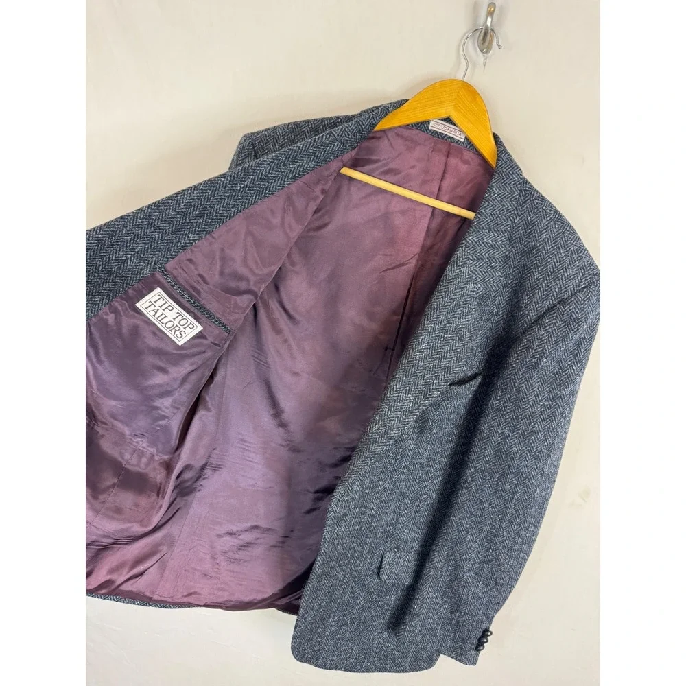 Harris Tweed Wool Blazer 44R Gray Blue Herringbone Sport Coat